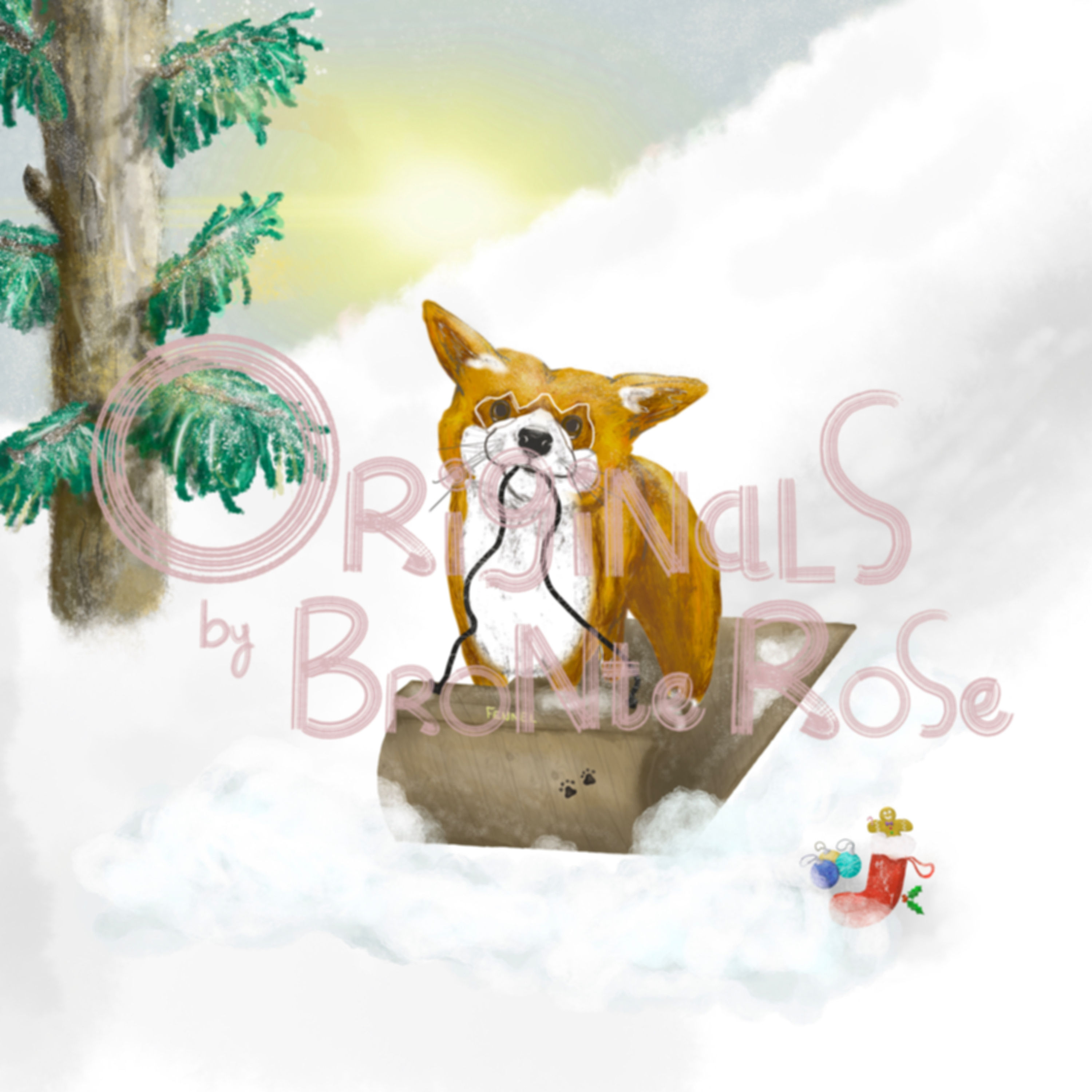 Red fox on toboggan in snow with pine tree and decorations, licensed artwork