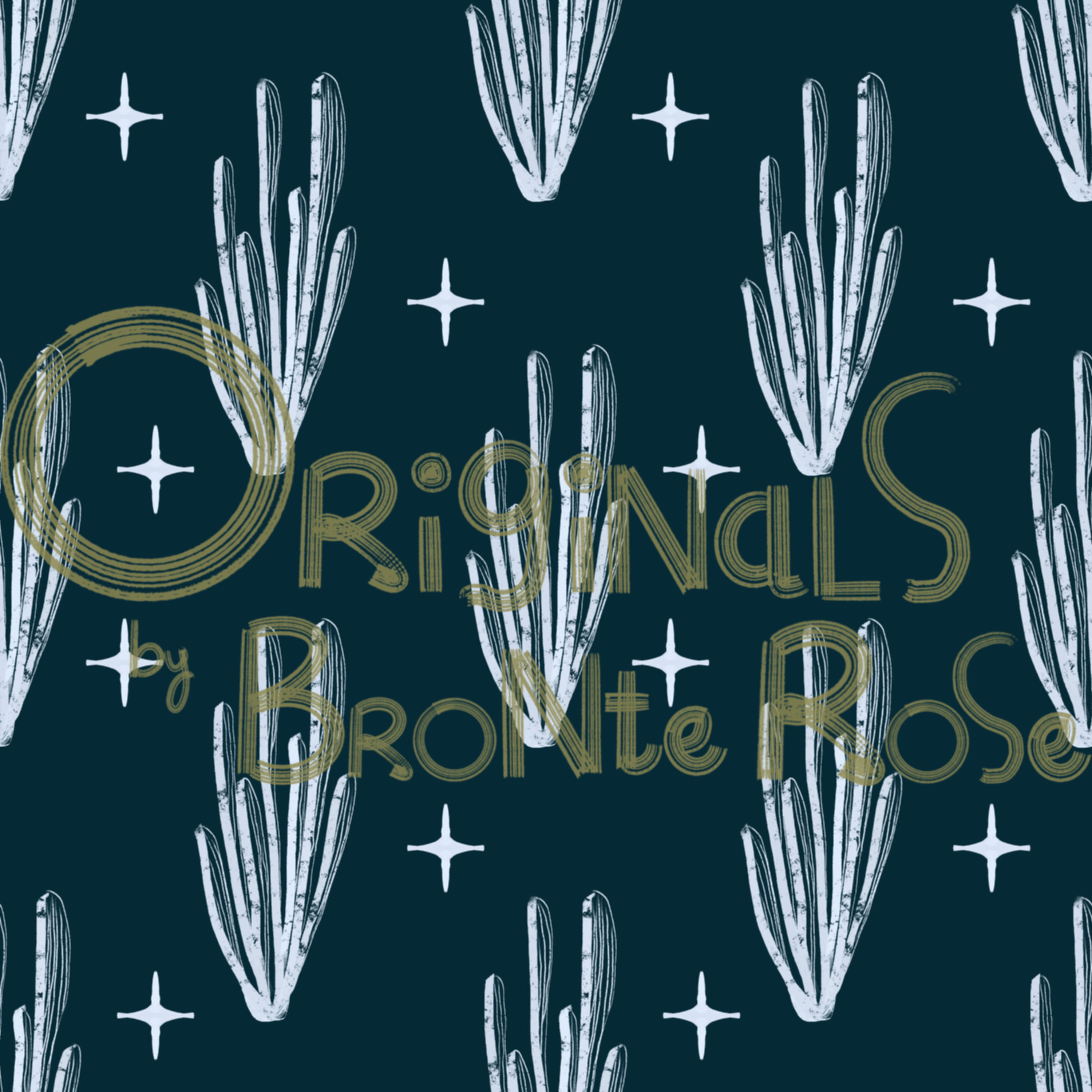 Digital licensable artwork of a starry cactus filled desert on a teal background in a repeating pattern