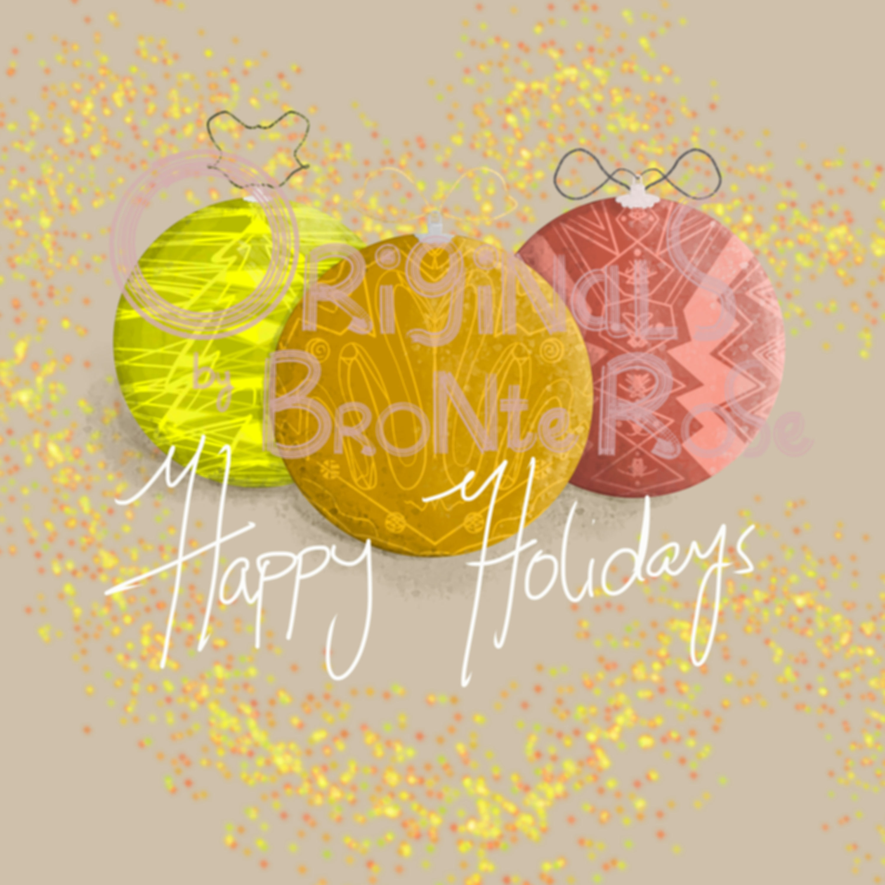 Three Christmas decorations with happy holidays, beige background, licensed artwork