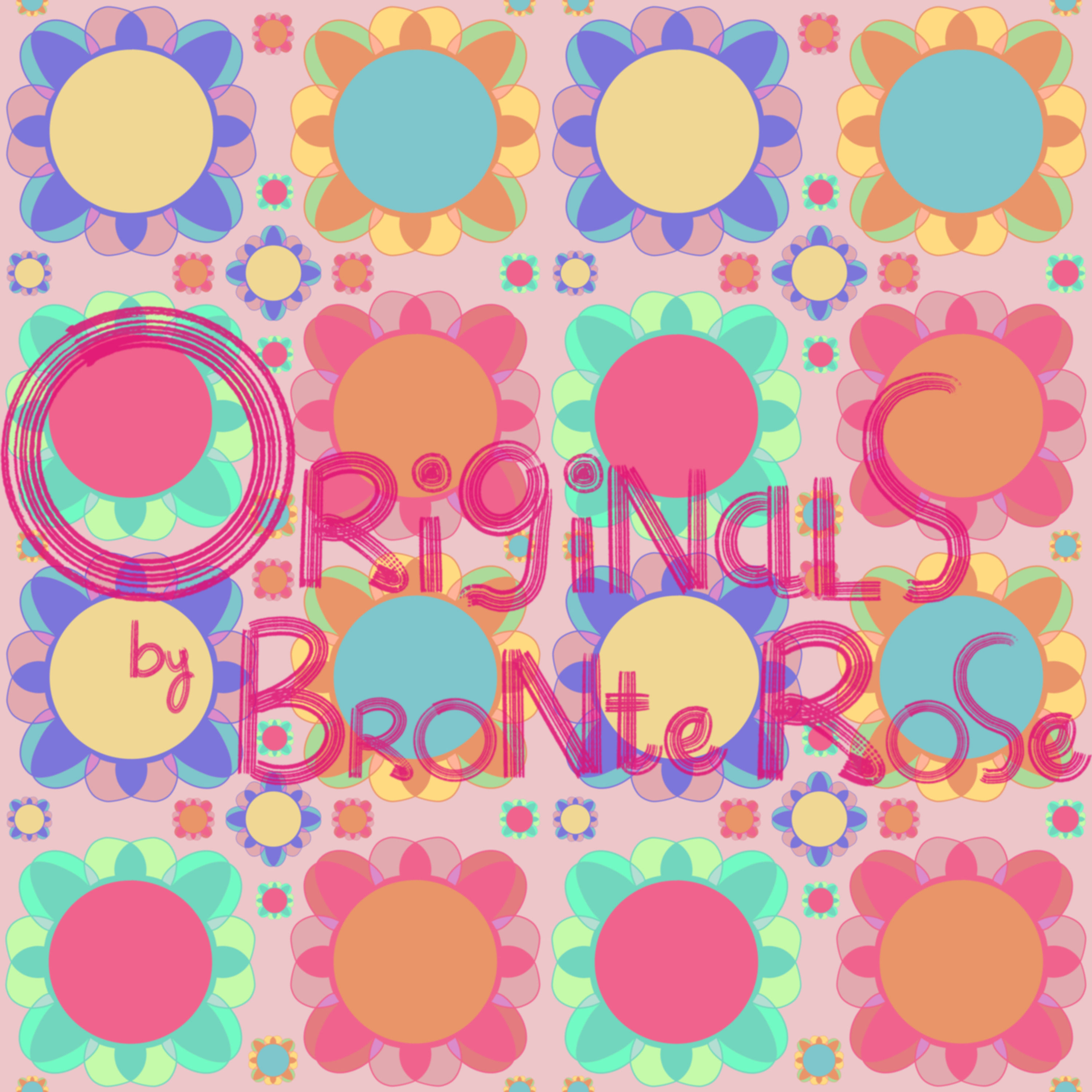 Licensable digital artwork of colourful flower shapes with a light pink background in a repeating pattern design.