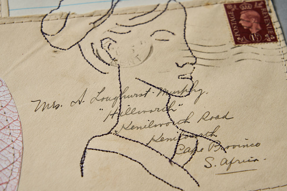 Thumbnail: close up of Free motion embroidered freestanding textile artwork on ephemera and sepia photos showing the woman in detail
