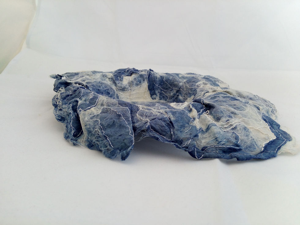 Thumbnail: Sculptural textile artwork inspired by crashing waves in blues and whites with white hand embroidery emphasising the waves