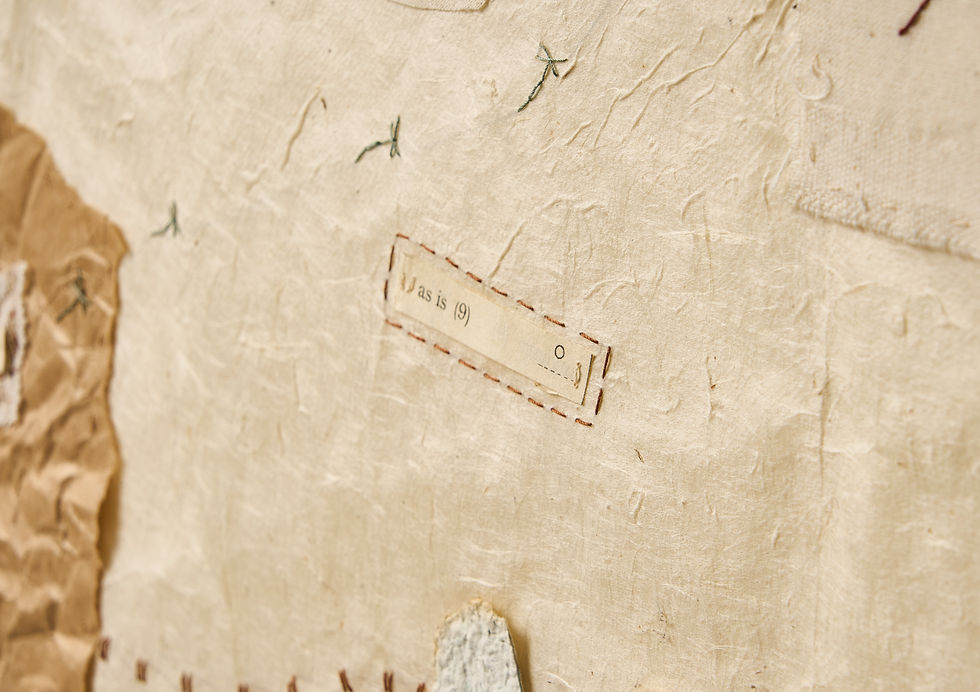 Thumbnail: close up of hand embroidered framed textile artwork with deep red stitching on different papers and ephemera telling a story