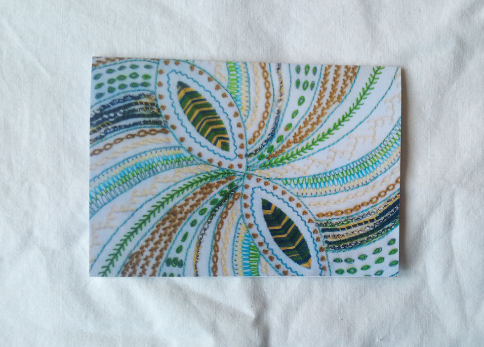 Thumbnail: Greetings card featuring hand embroidered textile artwork of a large swirl in greens, yellows and blues