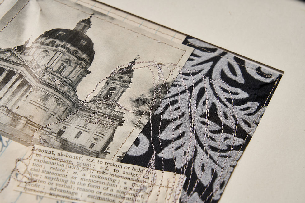 Thumbnail: close up of free motion embroidery on monochrome ephemera and papers
