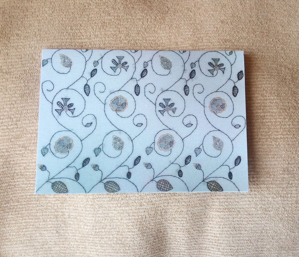 Thumbnail: Greetings card featuring hand embroidered textile artwork inspired by Tudor Blackwork with flowers and swirls