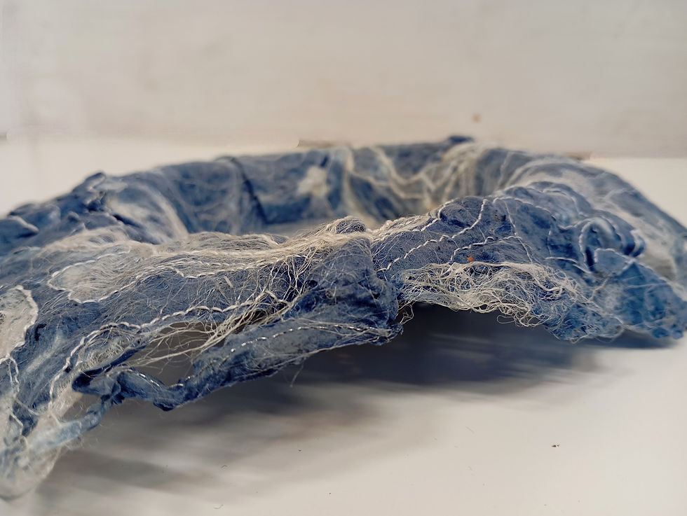 Thumbnail: Sculptural textile artwork inspired by crashing waves in blues and whites with white hand embroidery emphasising the waves