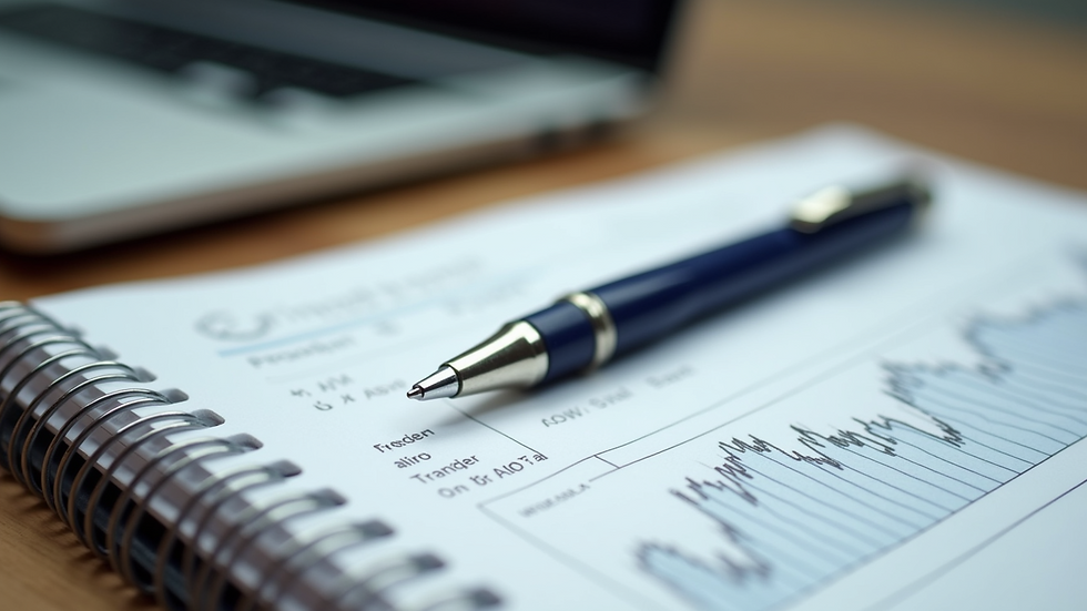 Close-up of a notebook with trading notes and a pen