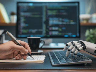 mãe escrevendo e robo digitando