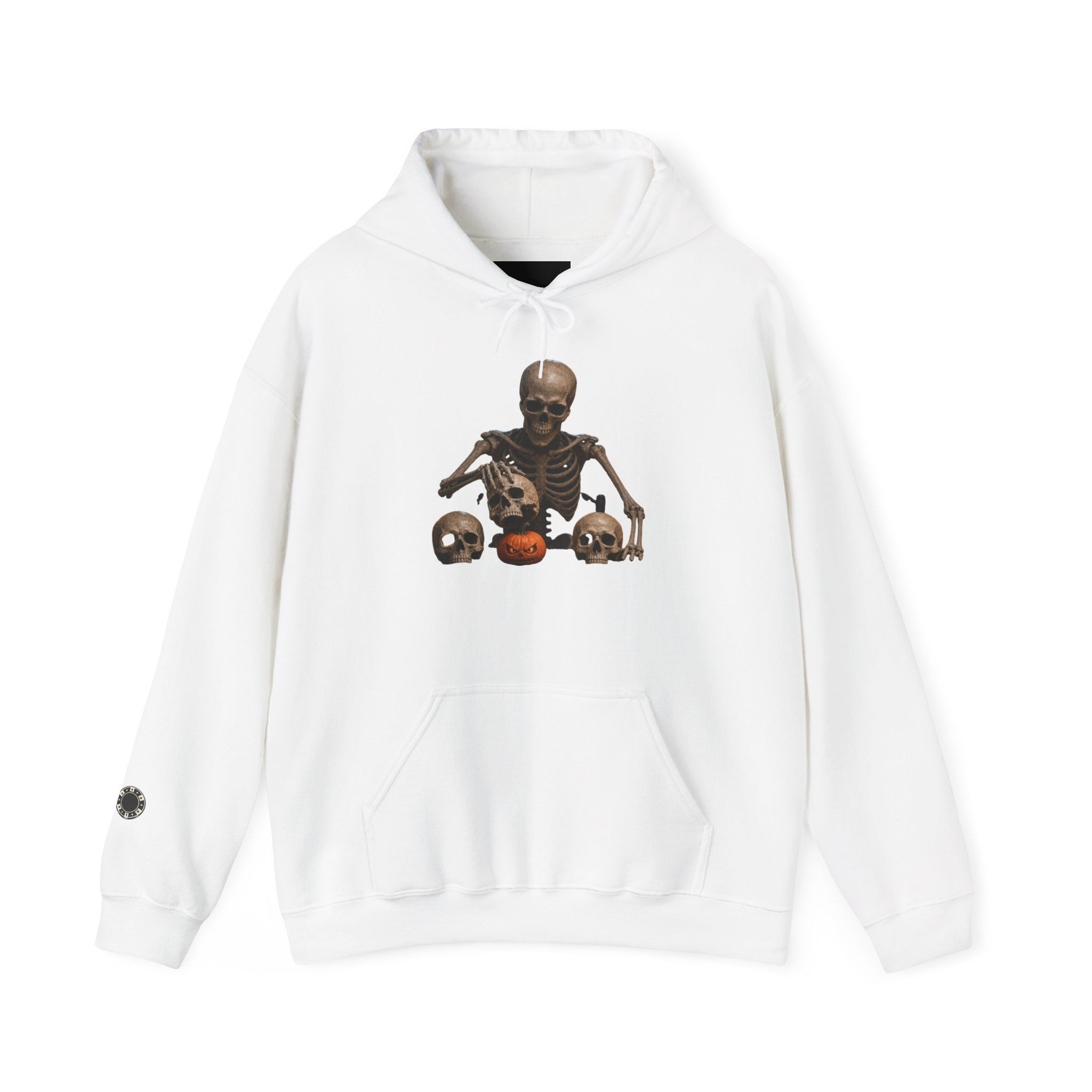 Skeleton Trio Halloween Hoodie — Spooky Skeletons with Pumpkin Graphic