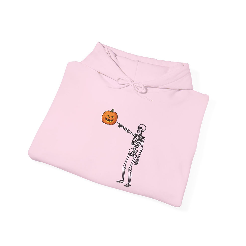 Thumbnail: Skeleton Holding Pumpkin Hoodie — Cute Halloween Skeleton Pullover
