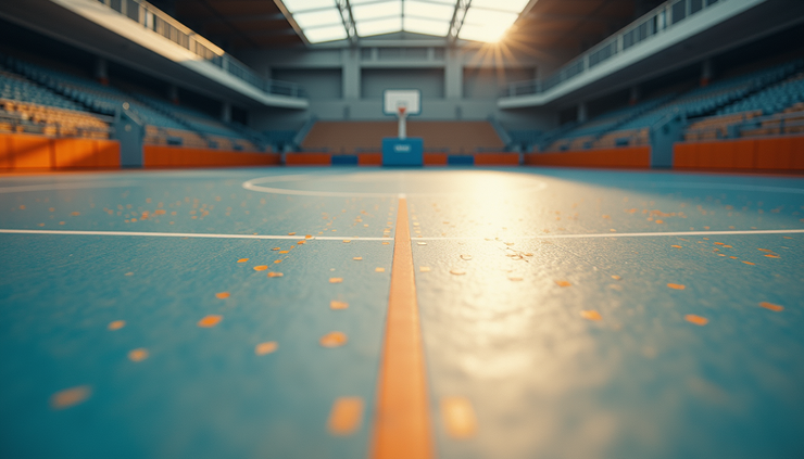 Eye-level view of a basketball court with detailed player movement diagrams