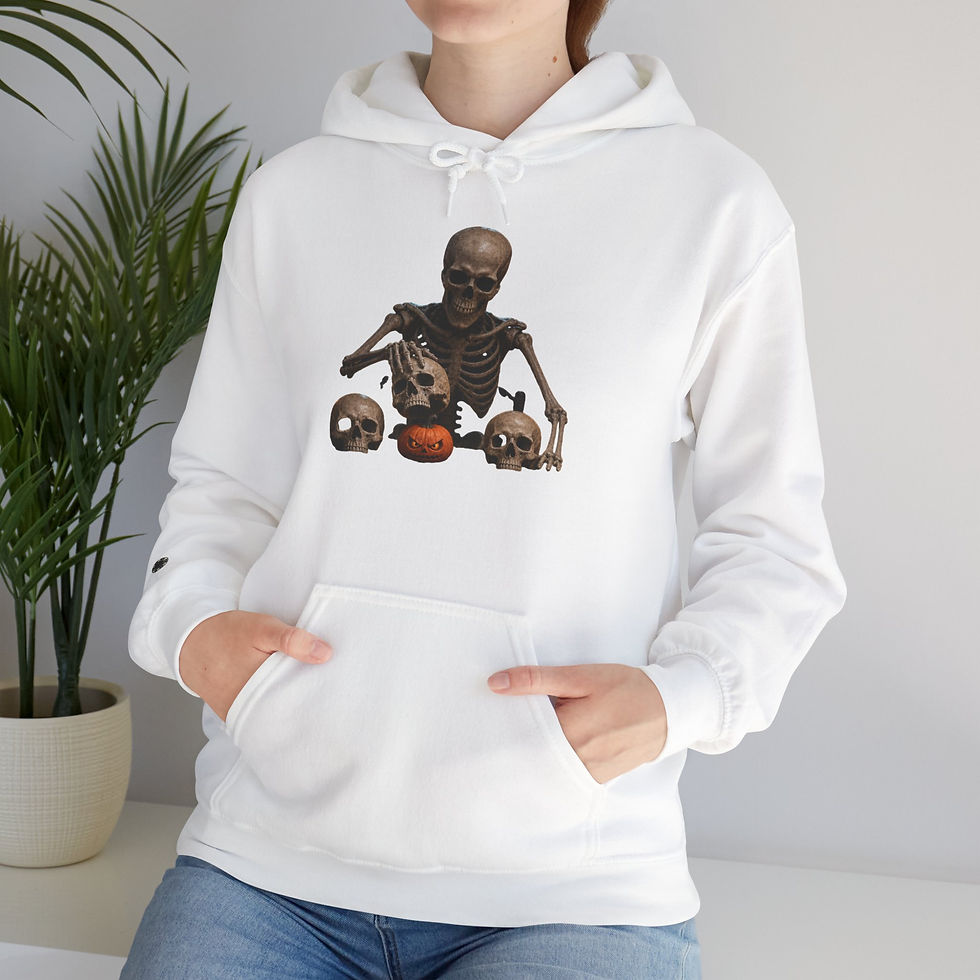 Thumbnail: Skeleton Trio Halloween Hoodie — Spooky Skeletons with Pumpkin Graphic