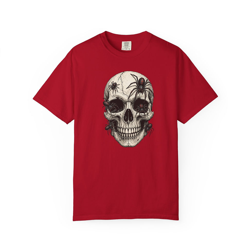 Thumbnail: GARMENT-DYED Skull & Spiders T-Shirt — Gothic Skull Graphic Tee