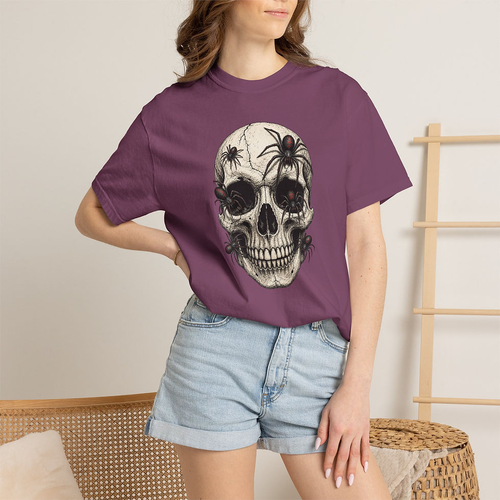 Thumbnail: GARMENT-DYED Skull & Spiders T-Shirt — Gothic Skull Graphic Tee