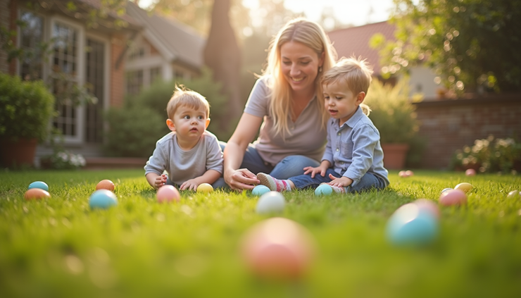 Family enjoying an Easter egg hunt in a sunny garden