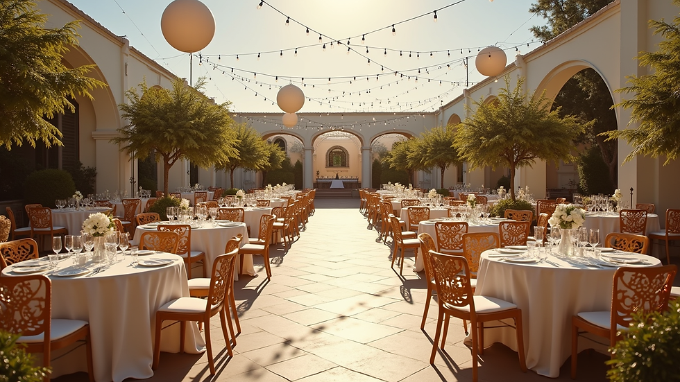 Wide angle view of a beautifully decorated outdoor event space