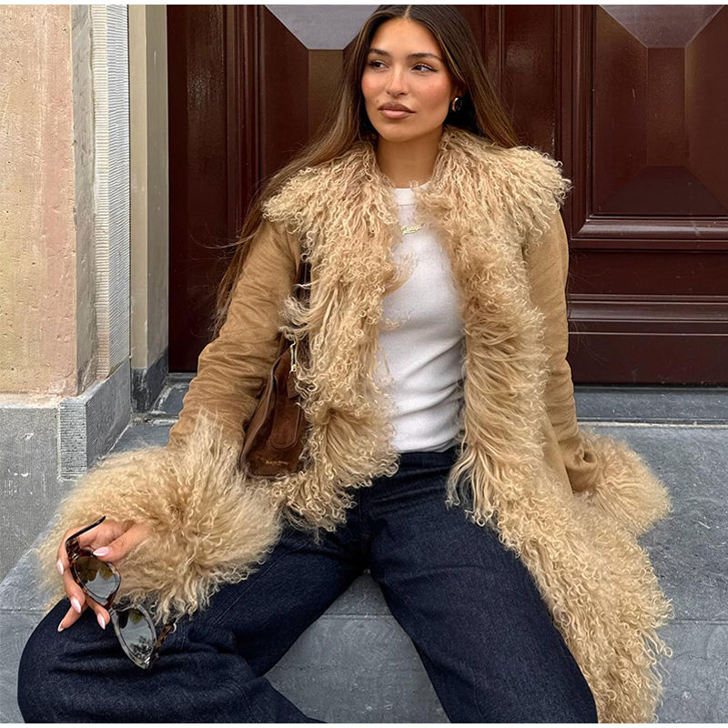Thumbnail: Chic Faux Fur Patchwork Woolen Women's Coat Lapel Full Sleeve Solid Long Coats