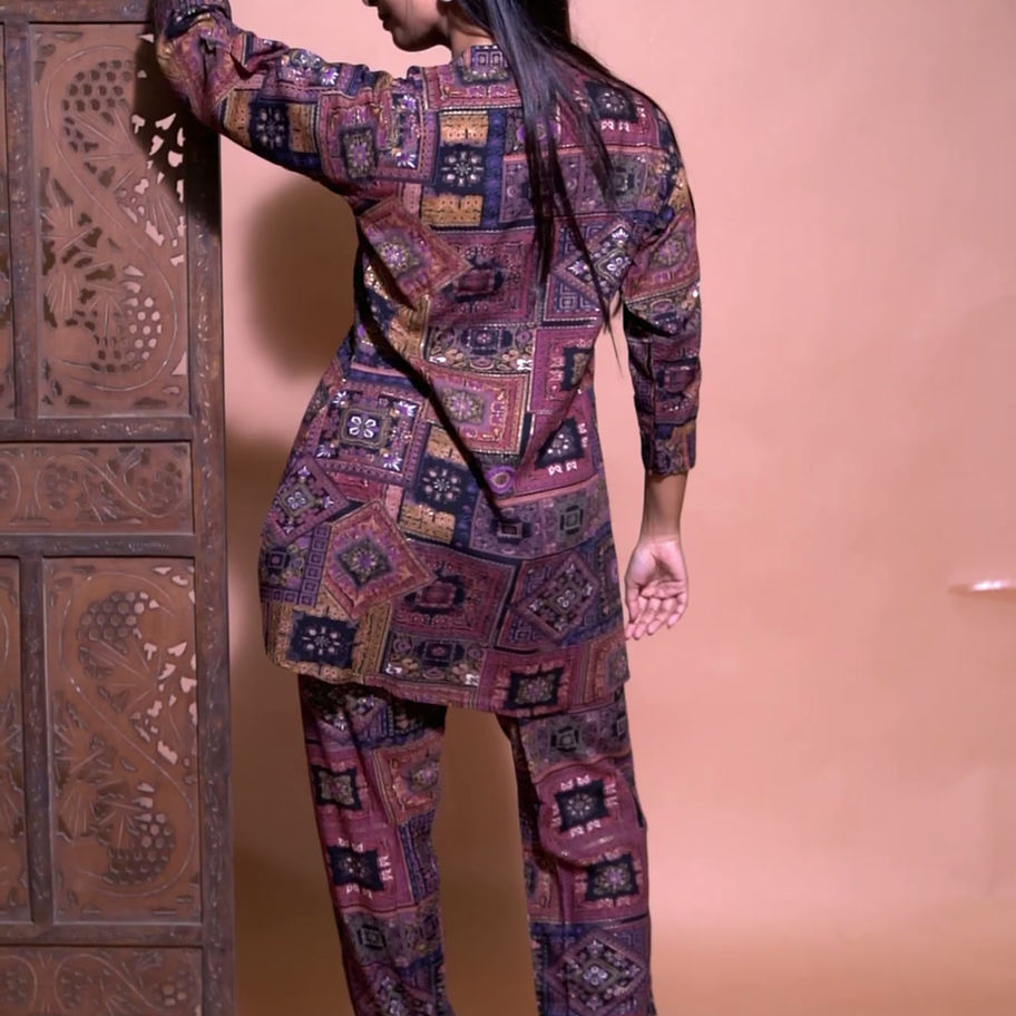 Women Soft Rayon Multicolour Co-Ord Set Mandarin Collar