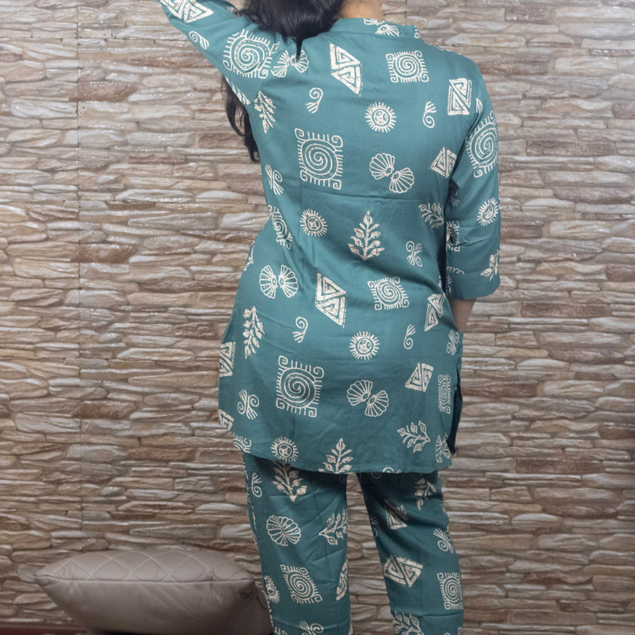 Soft Rayon Dusty Teal Green Co-ord Set Mandarin Collar