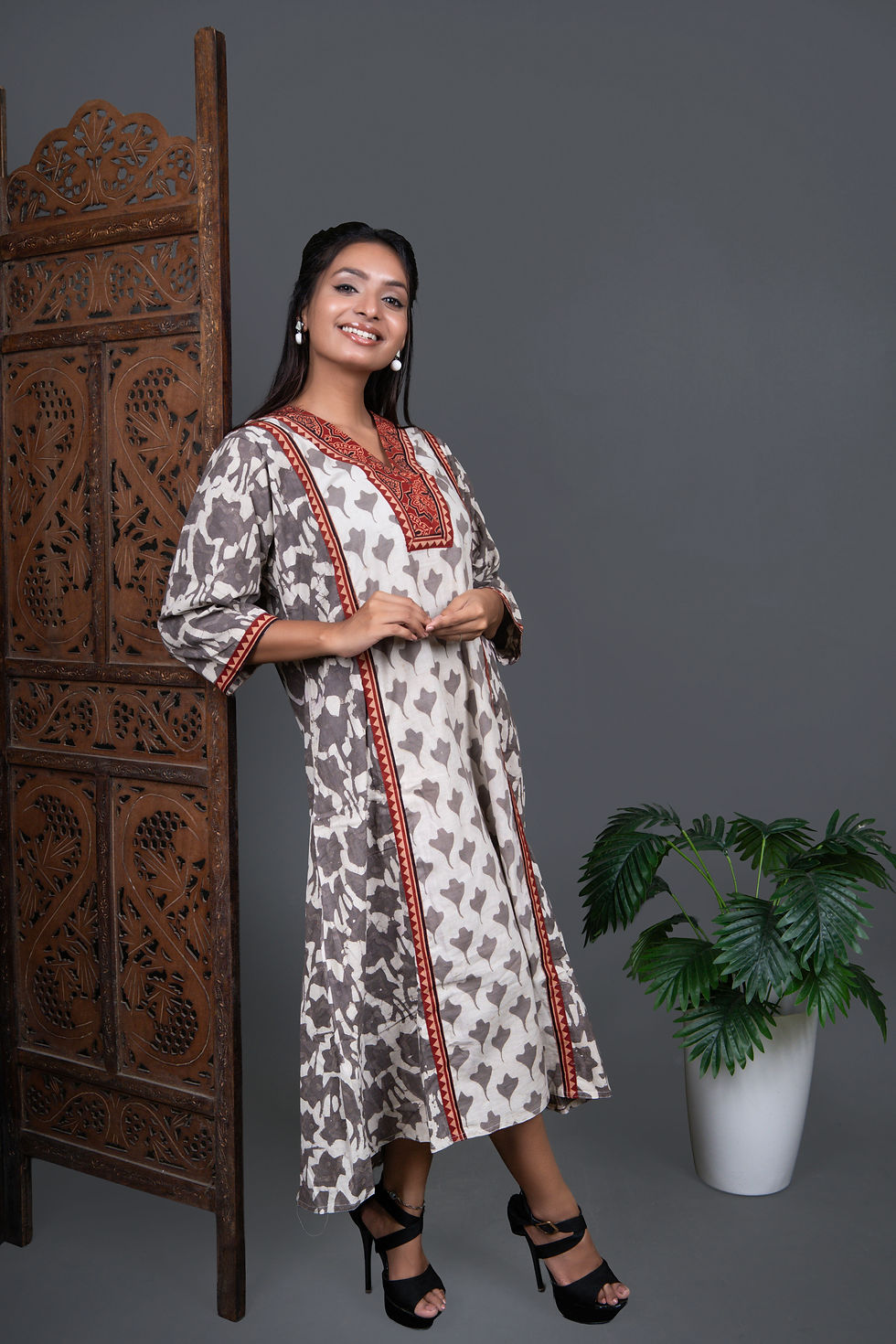 Pure Cotton Off-White Ajrakh Bagru Print A-Line Round Cut Dress