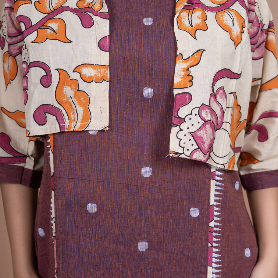 Pure South Cotton Jamun Self Butti Dress with Dhabu Print Jacket