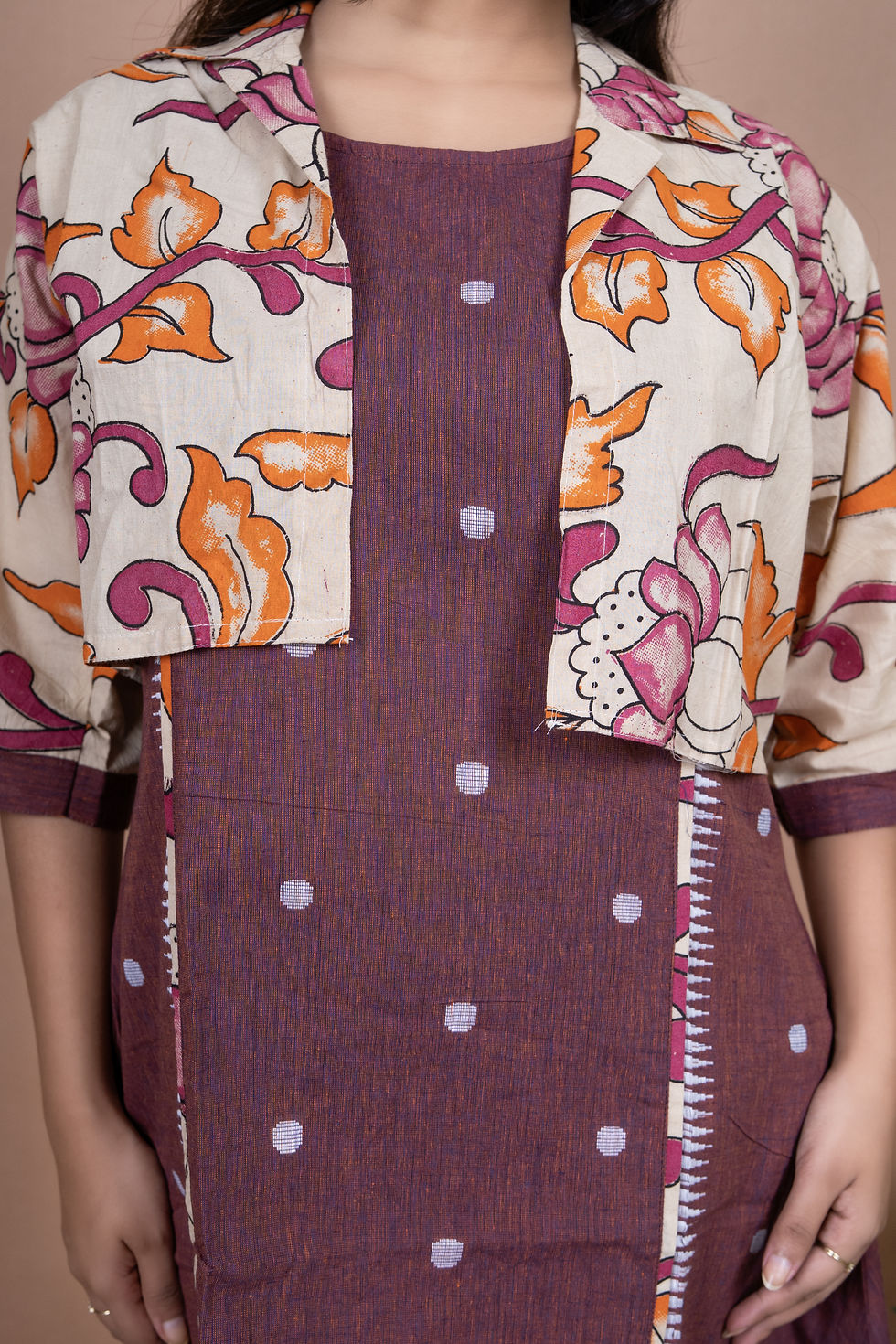 Pure South Cotton Jamun Self Butti Dress with Dhabu Print Jacket