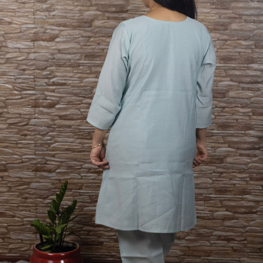 Muslin Silk Ice Blue Co-Ord Set Split Round Neck