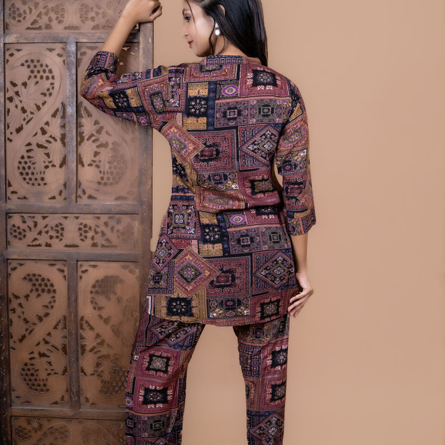 Women Soft Rayon Multicolour Co-Ord Set Mandarin Collar