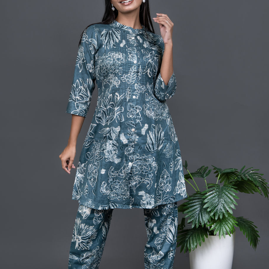 Pure Cotton Teal Green Co-Ord Set Mandarin Collar