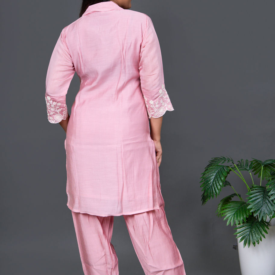 Mulchanderi Baby Pink Co-Ord Set Classic Shirt Collar