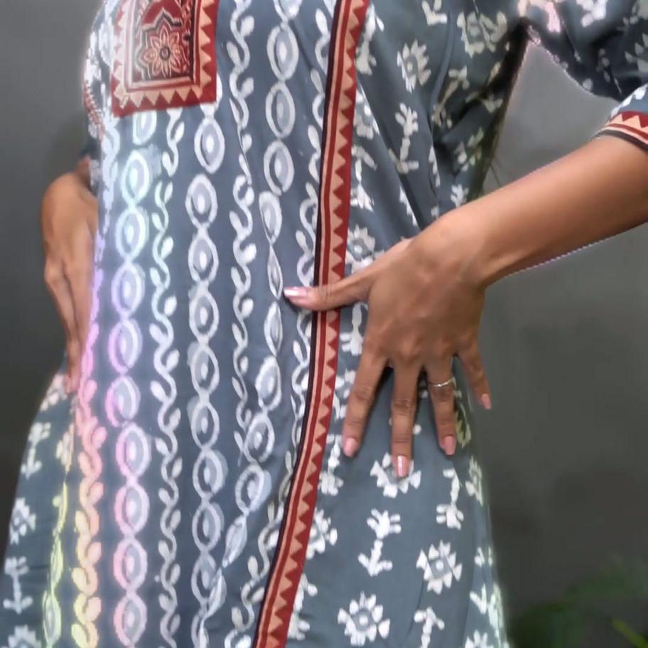 Pure Cotton Grey Ajrakh Bagru Print A-Line Round Cut Dress