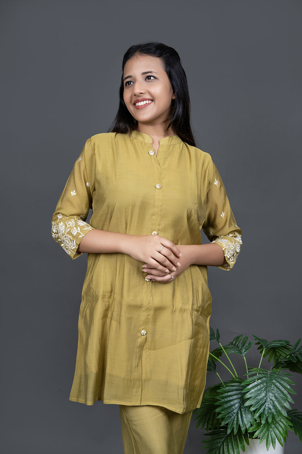 Mulchanderi Khaki Green Co-Ord Set Stylish Mandarin Collar