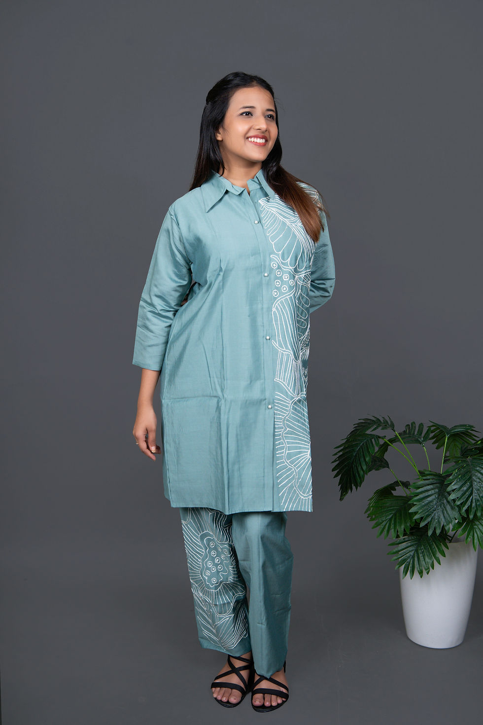 Roman Silk Pearl Green Co-Ord Set Classic Shirt Collar