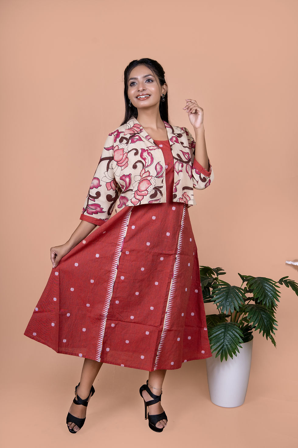 Pure South Cotton Maroon Self Butti Dress with Dhabu Print Jacket