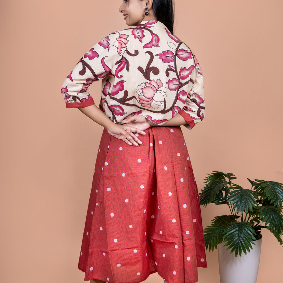 Pure South Cotton Maroon Self Butti Dress with Dhabu Print Jacket