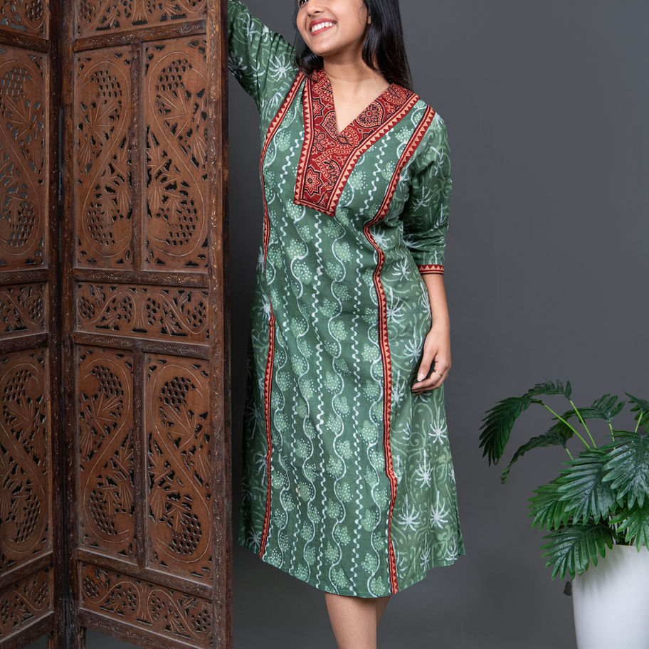 Pure Cotton Mehendi Green Ajrakh Bagru Print A-Line Round Cut Dress V Neck