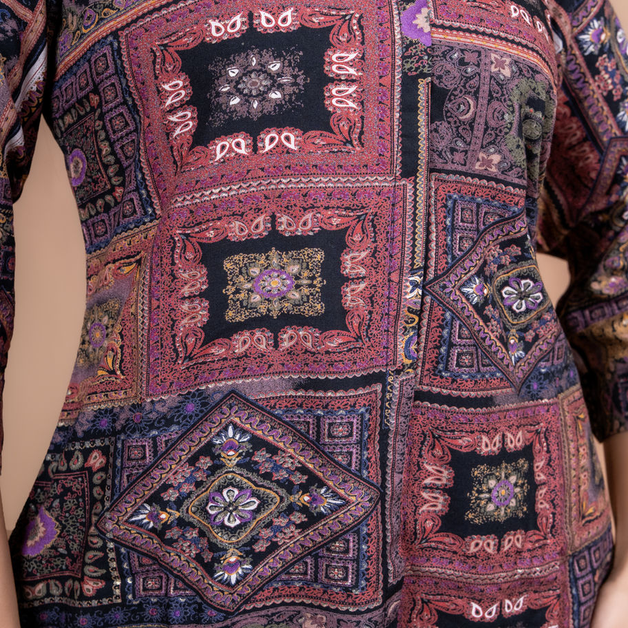 Women Soft Rayon Multicolour Co-Ord Set Mandarin Collar