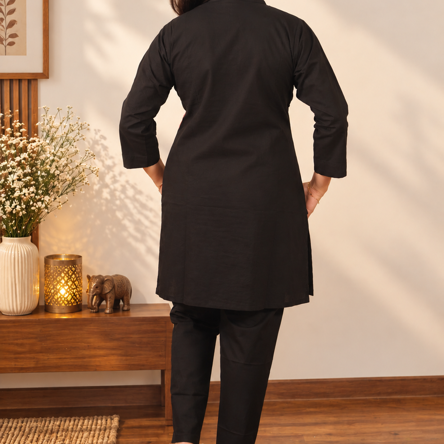 Women Pure Cotton Black Co-Ord Set With Thread Embroidery And Stylish Mandarin C