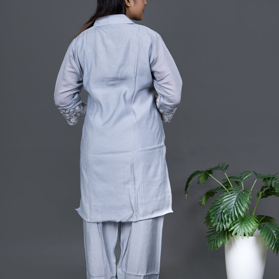 Mulchanderi Grey Co-Ord Set Classic Shirt Collar