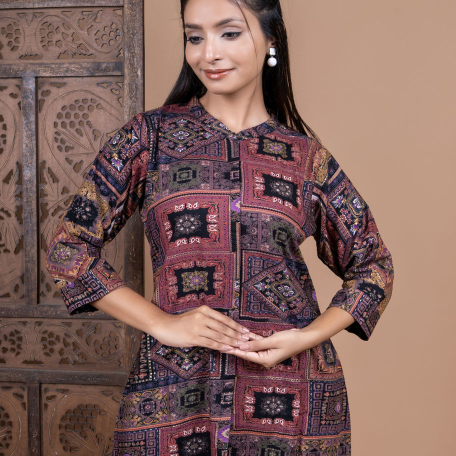 Women Soft Rayon Multicolour Co-Ord Set Mandarin Collar
