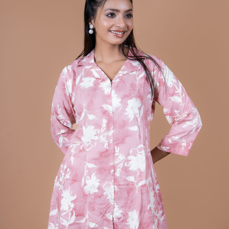 Soft Rayon Baby Pink Co-ord Set With Classic Shirt Collar