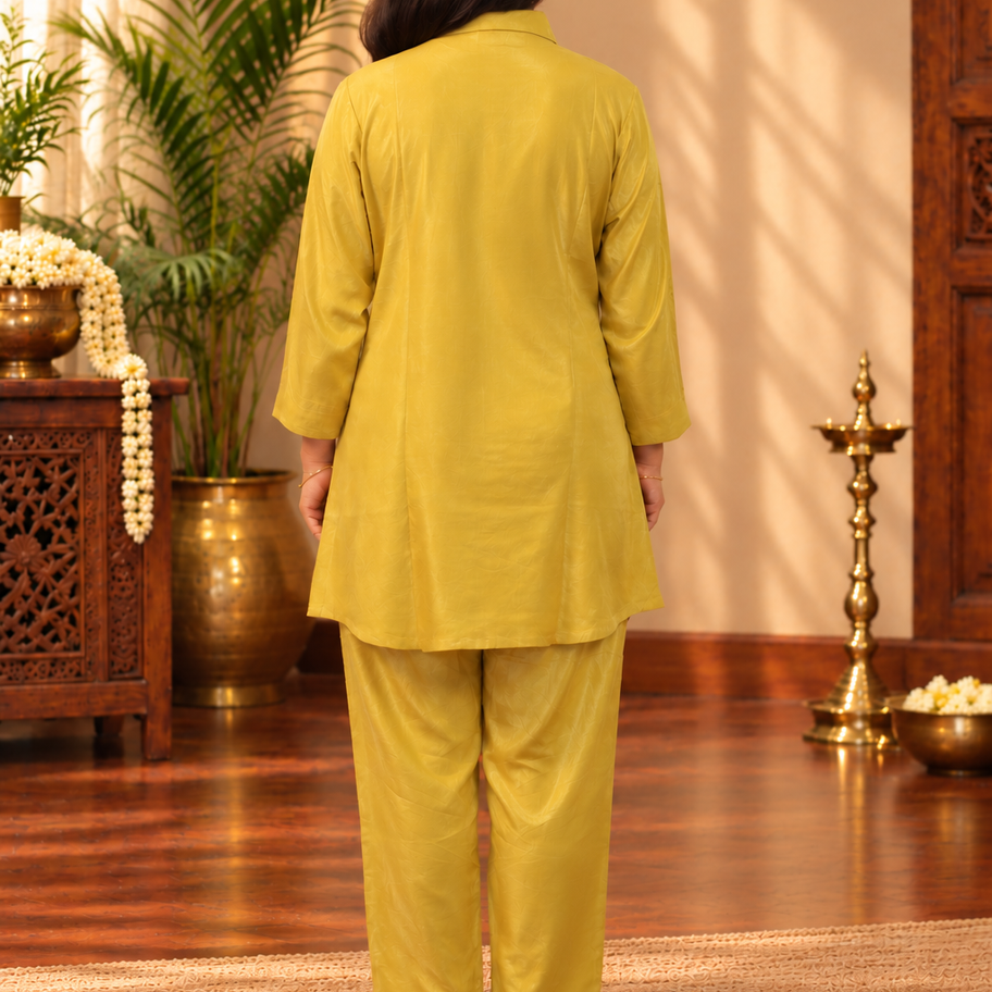 Women Crape Silk Yellow Co-Ord Set With Elegant Thread Embroidery And Classic Sh