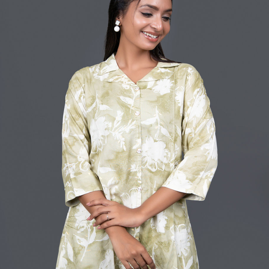 Soft Rayon Pistachio Co-Ord Set Classic Shirt Collar