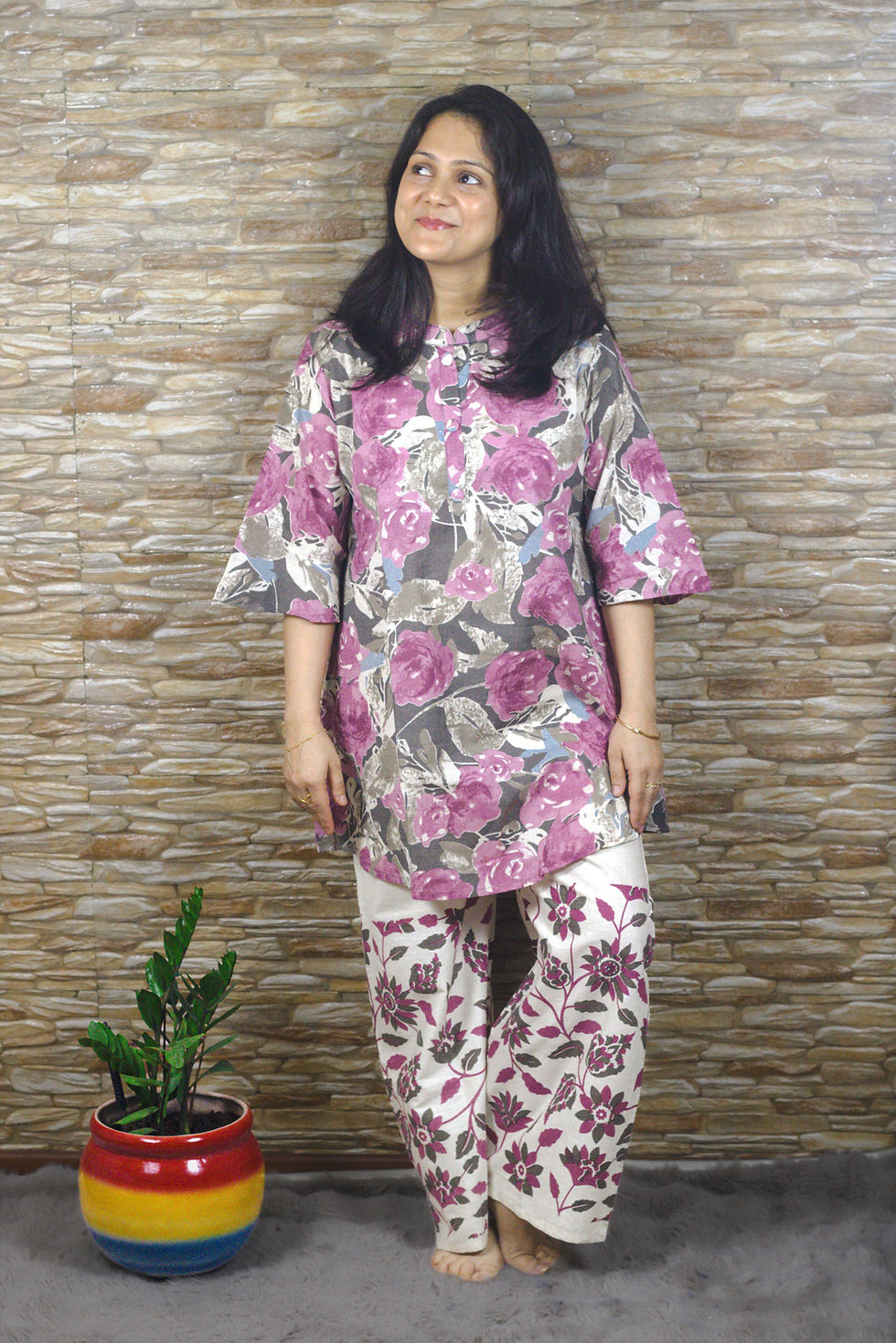 Women Pure Cotton Orchid Purple Co-Ord Set Mandarin Collar