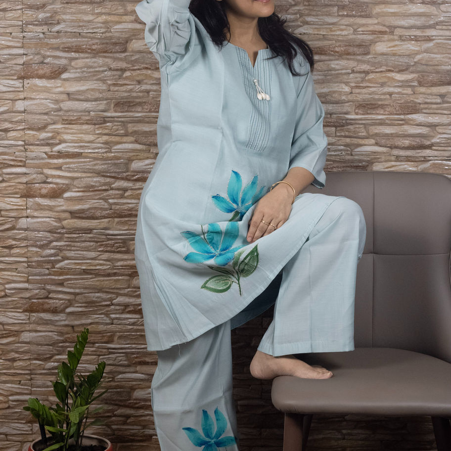 Muslin Silk Ice Blue Co-Ord Set Split Round Neck