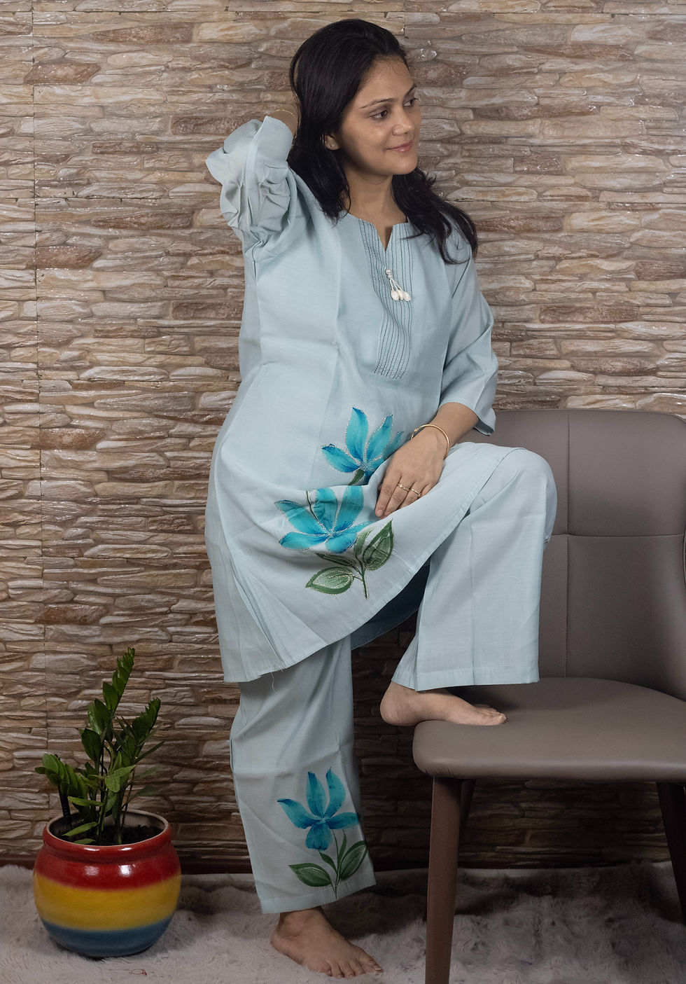 Muslin Silk Ice Blue Co-Ord Set Split Round Neck