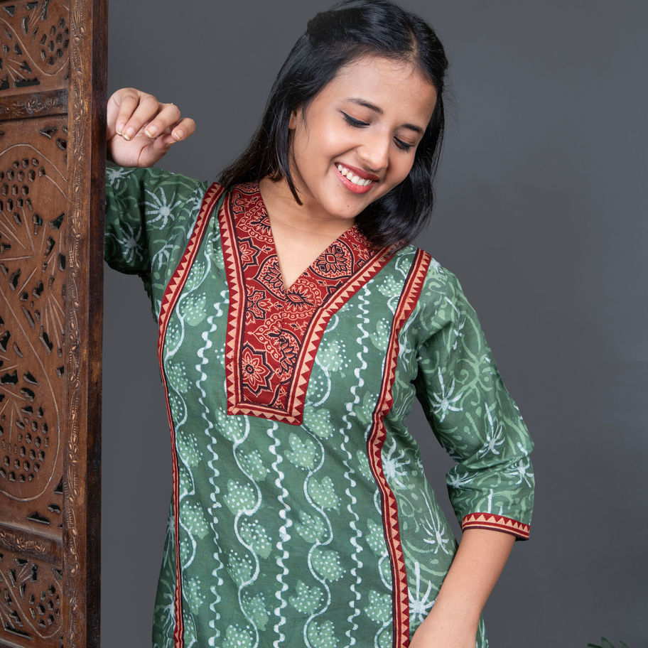 Pure Cotton Mehendi Green Ajrakh Bagru Print A-Line Round Cut Dress V Neck
