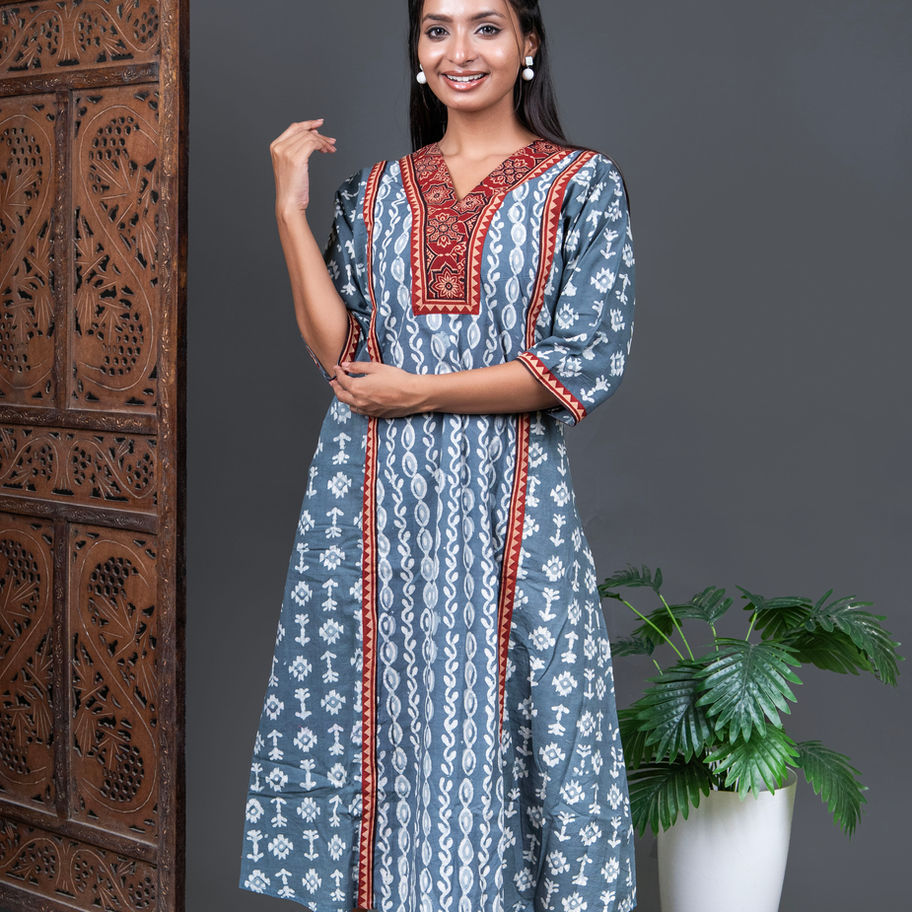 Pure Cotton Grey Ajrakh Bagru Print A-Line Round Cut Dress