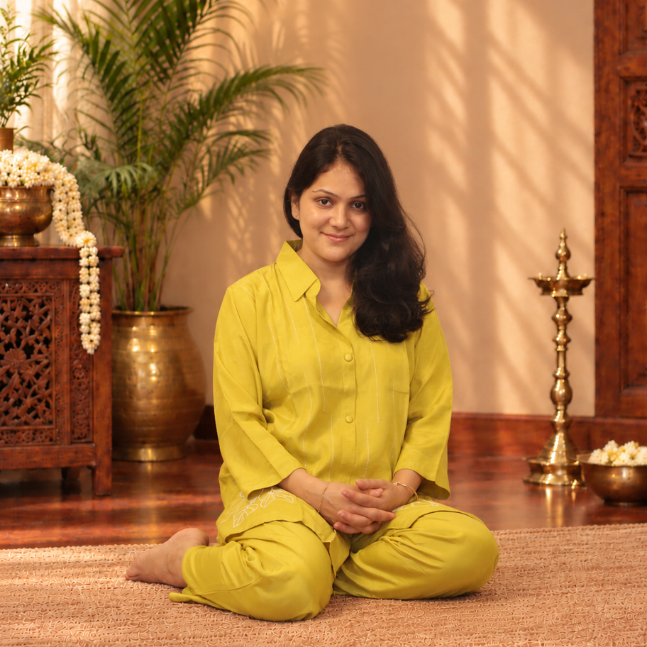 Women Crape Silk Yellow Co-Ord Set With Elegant Thread Embroidery And Classic Sh